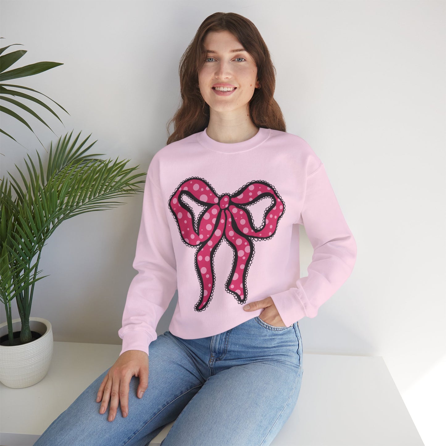 Pink Ruffle Bow Sweatshirt, Crewneck Jumper, Unisex Sweater, Cozy Pullover, Winter Fashion Top