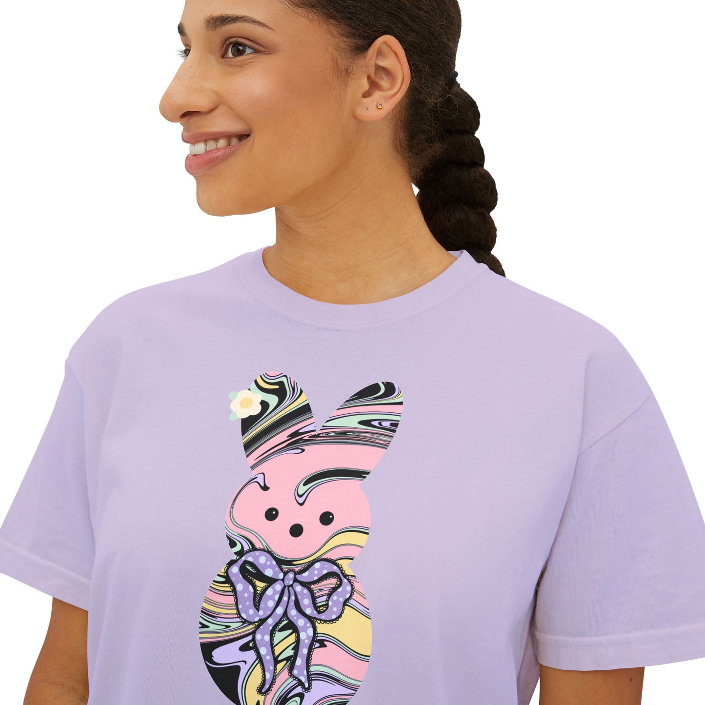 Comfort Colors Stylish Women's Boxy Tee with Colorful Swirl Bunny Design, Fun Spring Shirt, Easter Gift, Casual Wear, Fashionable Tee
