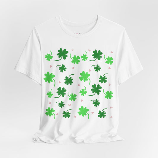 Lucky Four Leaf Clover Pattern Tee, St. Patrick's Day Shirt, Irish Luck T-Shirt, Good Luck Charm Top, Shamrock Print Apparel