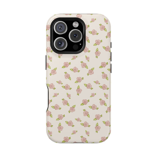 Antique White Coquette Pink Rosettes, MagSafe Magnetic Tough Cases, Phone Accessories, Unique Gifts, Protective Phone Covers, Floral Design