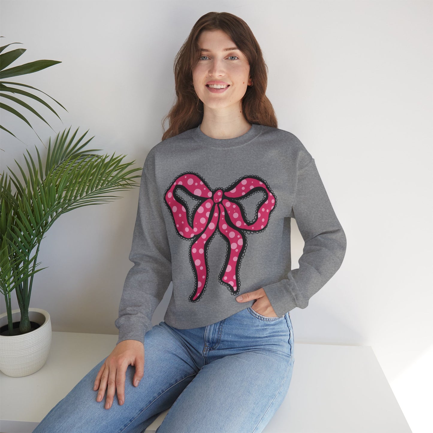 Pink Ruffle Bow Sweatshirt, Crewneck Jumper, Unisex Sweater, Cozy Pullover, Winter Fashion Top