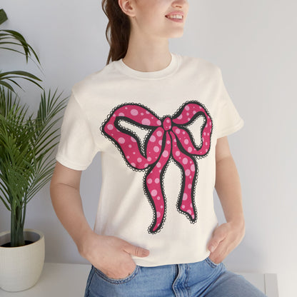 Pink Ruffle Bow Polka Dot Design T-Shirt, Shirt, Top, Tee - Unisex Jersey Short Sleeve Shirt for All Ages and Genders