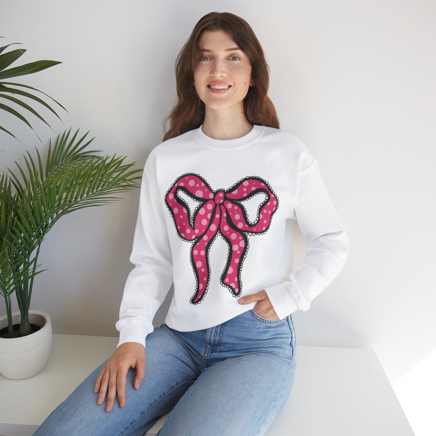 Pink Ruffle Bow Sweatshirt, Crewneck Jumper, Unisex Sweater, Cozy Pullover, Winter Fashion Top