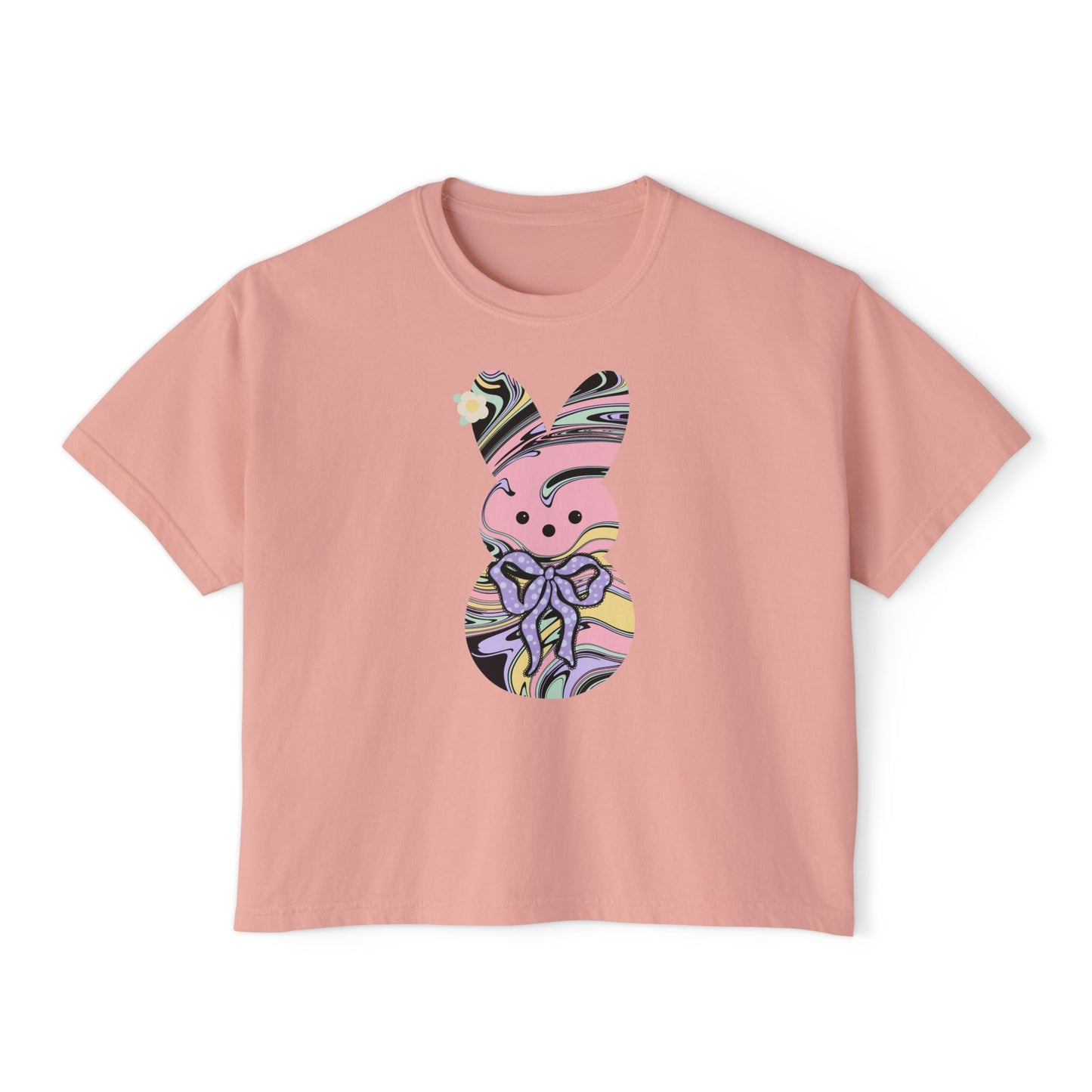Comfort Colors Stylish Women's Boxy Tee with Colorful Swirl Bunny Design, Fun Spring Shirt, Easter Gift, Casual Wear, Fashionable Tee