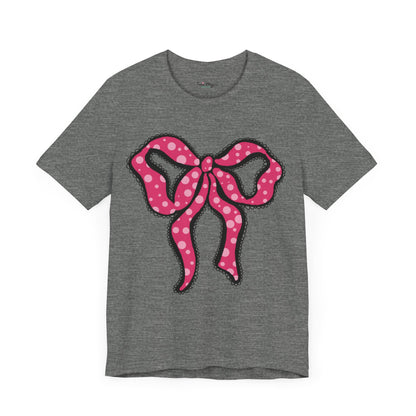 Pink Ruffle Bow Polka Dot Design T-Shirt, Shirt, Top, Tee - Unisex Jersey Short Sleeve Shirt for All Ages and Genders