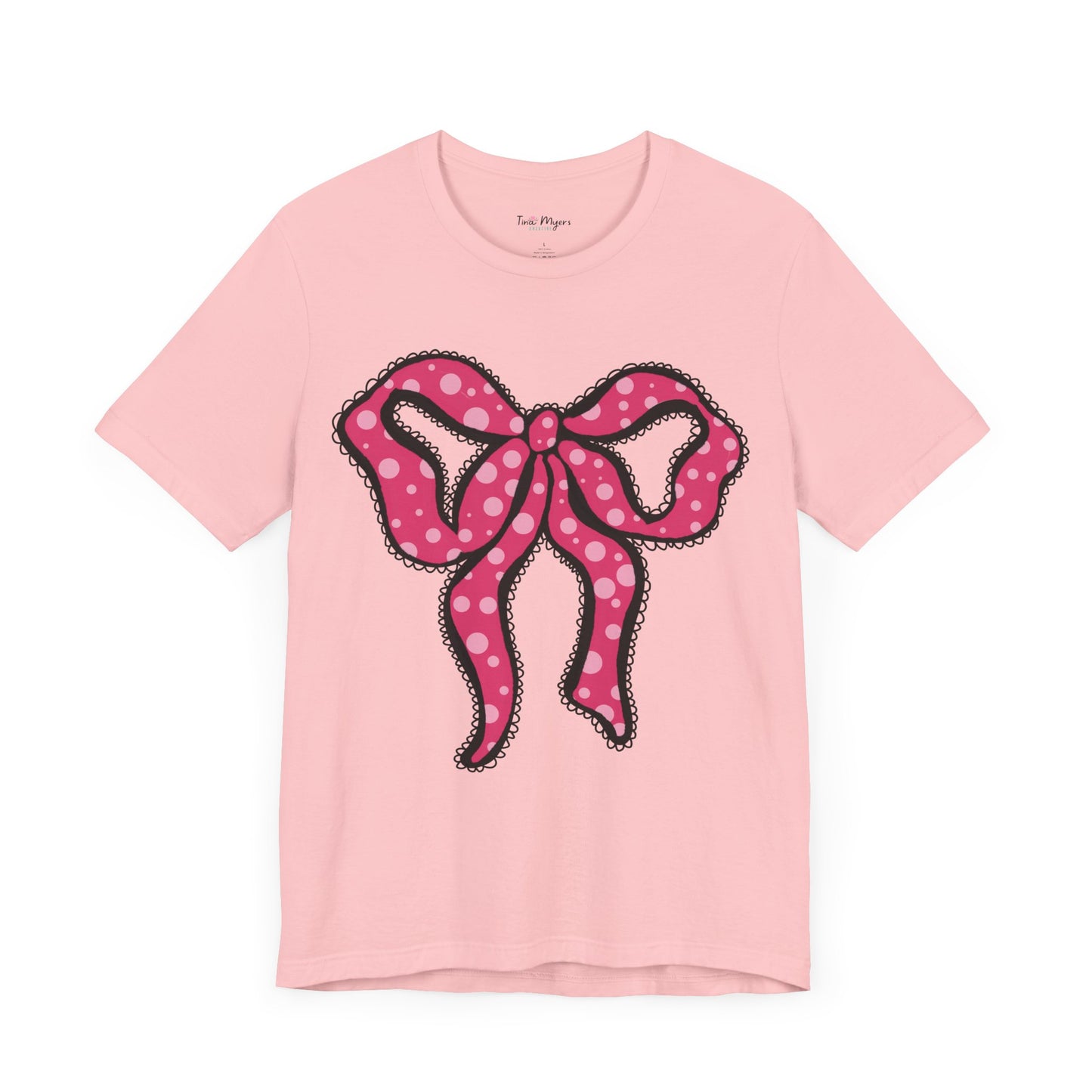 Pink Ruffle Bow Polka Dot Design T-Shirt, Shirt, Top, Tee - Unisex Jersey Short Sleeve Shirt for All Ages and Genders