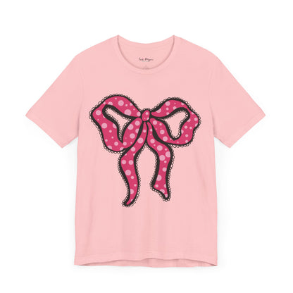 Pink Ruffle Bow Polka Dot Design T-Shirt, Shirt, Top, Tee - Unisex Jersey Short Sleeve Shirt for All Ages and Genders