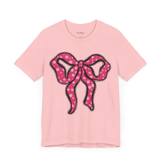 Pink Ruffle Bow Polka Dot Design T-Shirt, Shirt, Top, Tee - Unisex Jersey Short Sleeve Shirt for All Ages and Genders