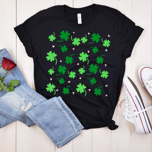 Lucky Four Leaf Clover Pattern Tee, St. Patrick's Day Shirt, Irish Luck T-Shirt, Good Luck Charm Top, Shamrock Print Apparel