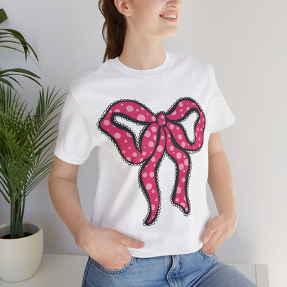 Pink Ruffle Bow Polka Dot Design T-Shirt, Shirt, Top, Tee - Unisex Jersey Short Sleeve Shirt for All Ages and Genders