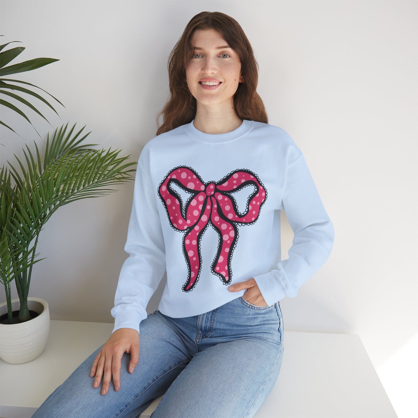 Pink Ruffle Bow Sweatshirt, Crewneck Jumper, Unisex Sweater, Cozy Pullover, Winter Fashion Top