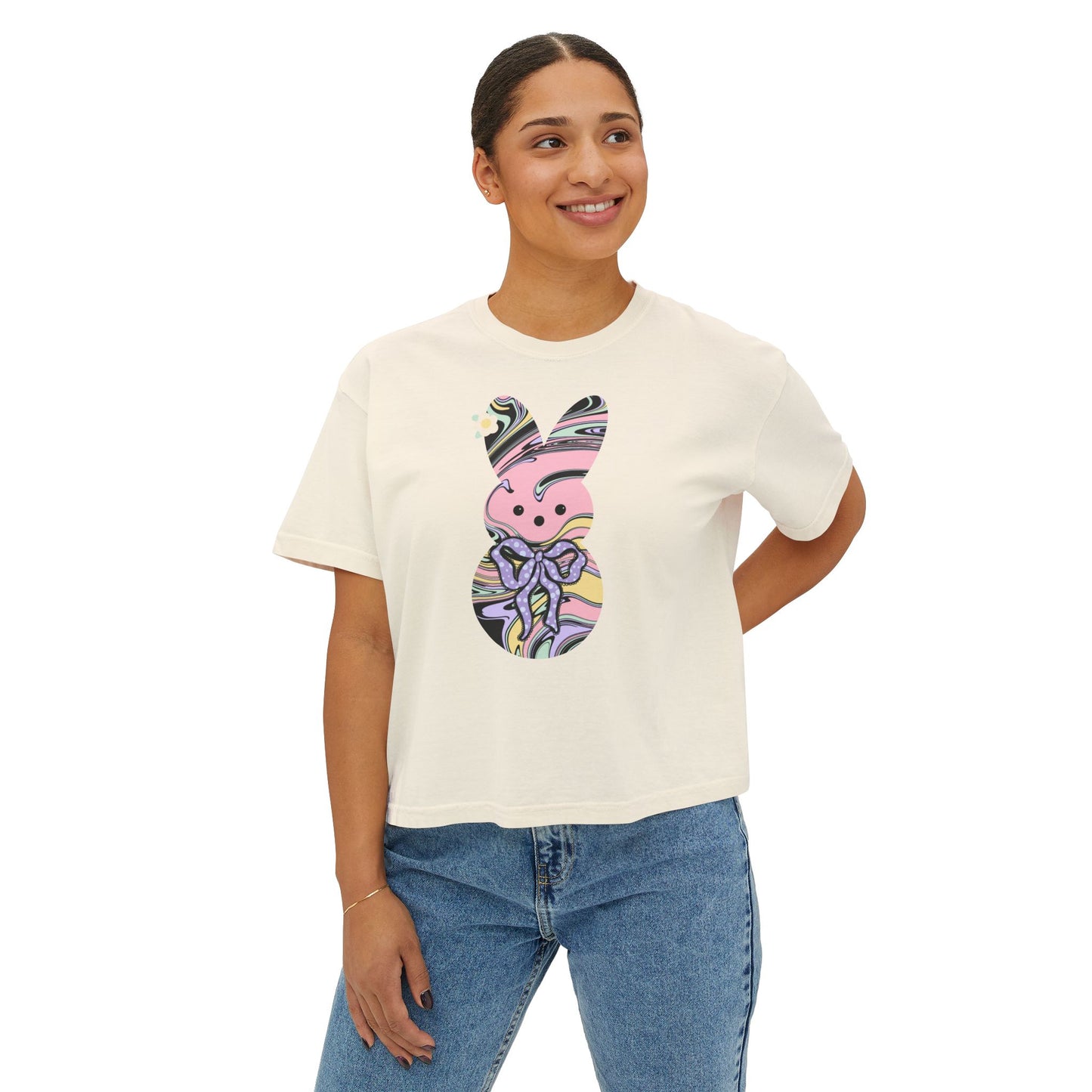 Comfort Colors Stylish Women's Boxy Tee with Colorful Swirl Bunny Design, Fun Spring Shirt, Easter Gift, Casual Wear, Fashionable Tee