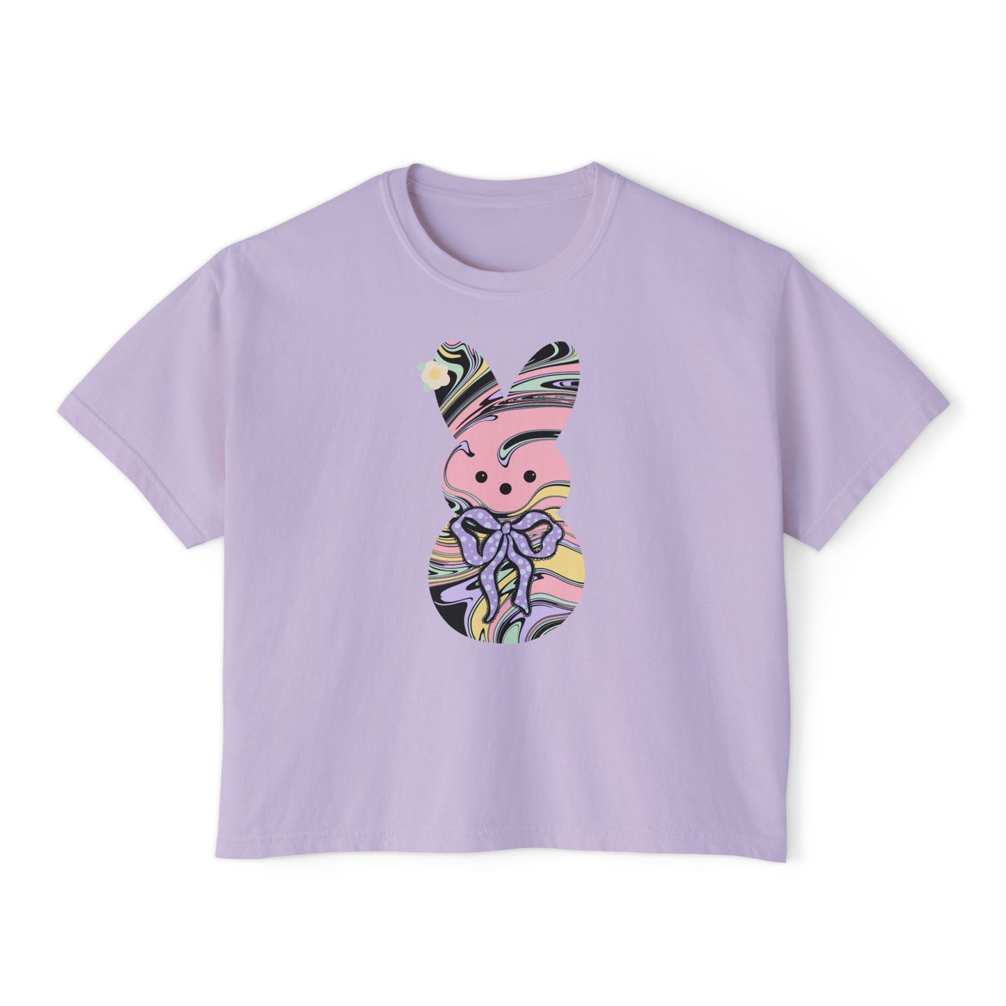 Comfort Colors Stylish Women's Boxy Tee with Colorful Swirl Bunny Design, Fun Spring Shirt, Easter Gift, Casual Wear, Fashionable Tee