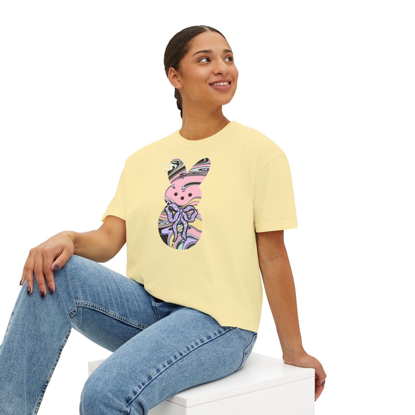 Comfort Colors Stylish Women's Boxy Tee with Colorful Swirl Bunny Design, Fun Spring Shirt, Easter Gift, Casual Wear, Fashionable Tee