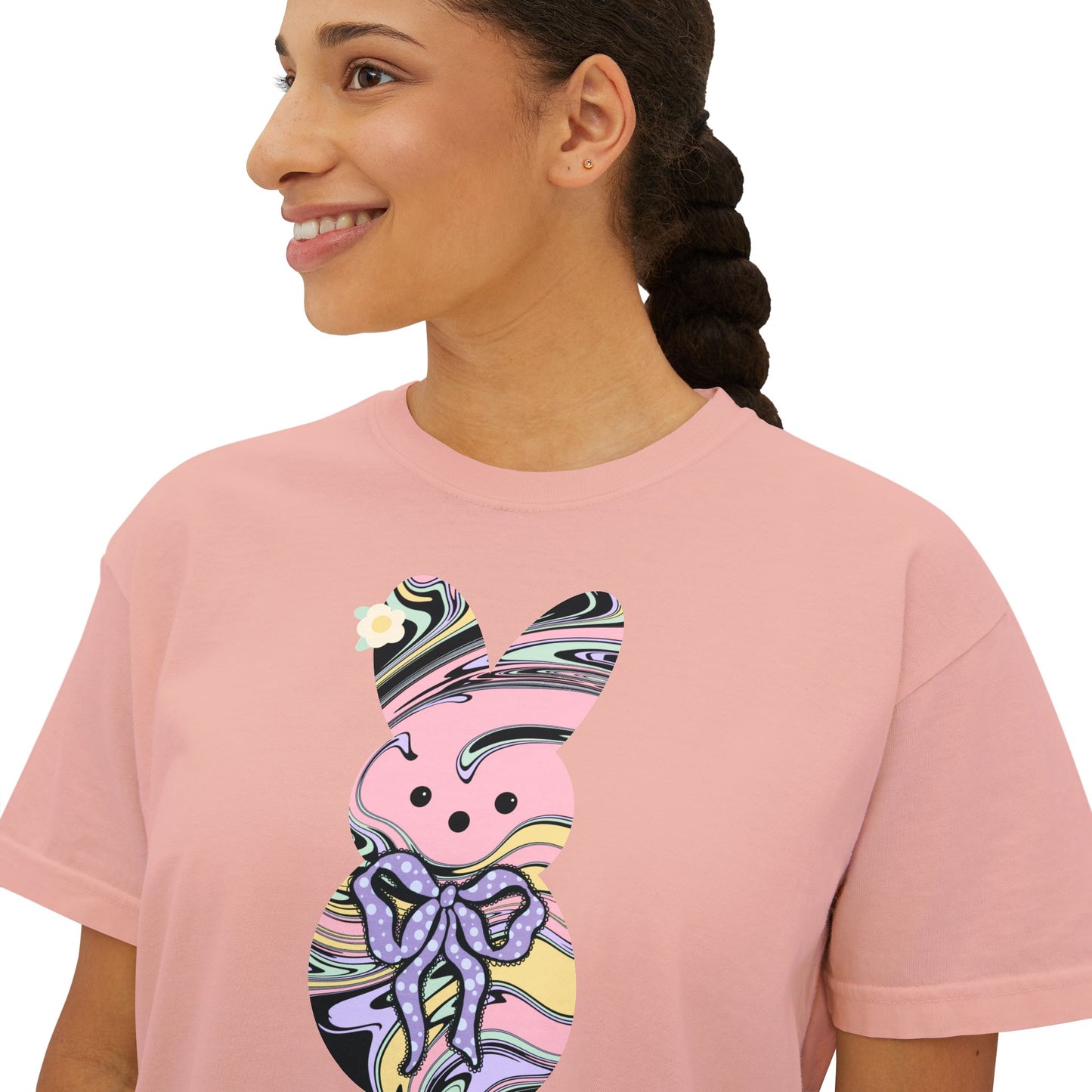 Comfort Colors Stylish Women's Boxy Tee with Colorful Swirl Bunny Design, Fun Spring Shirt, Easter Gift, Casual Wear, Fashionable Tee