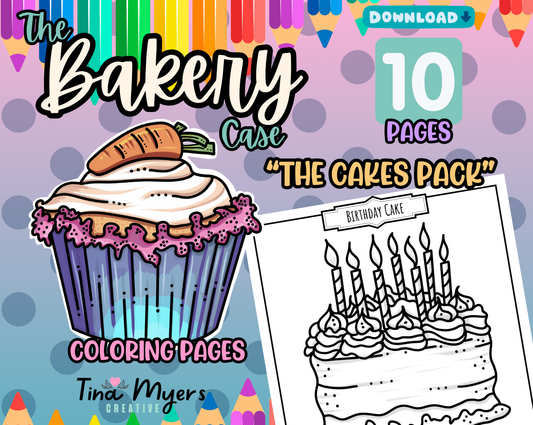 COMING SOON!! The Bakery Case - "The Cakes" 10 pack of digital coloring pages, digital download @Tinaxcolors